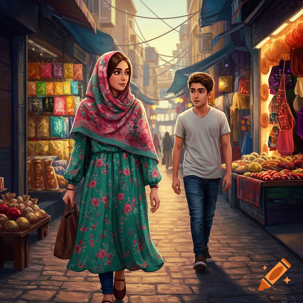 Digital painting of a young woman in a headscarf walking past a young man in a lively marketplace.