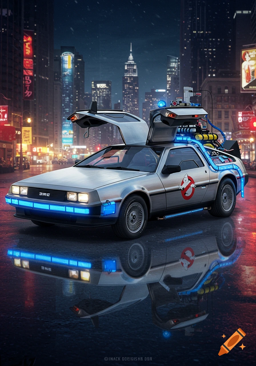 A DeLorean car modified like the Ghostbusters Ecto-1 sits on a wet street in a neon-lit cyberpunk city at night.