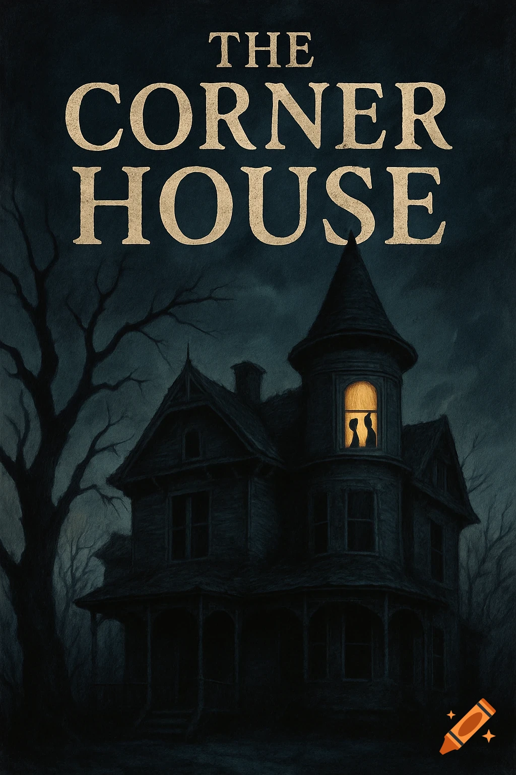 Horror book cover illustration of a Victorian haunted house at night with silhouettes in a glowing window and the title "The Corner House".