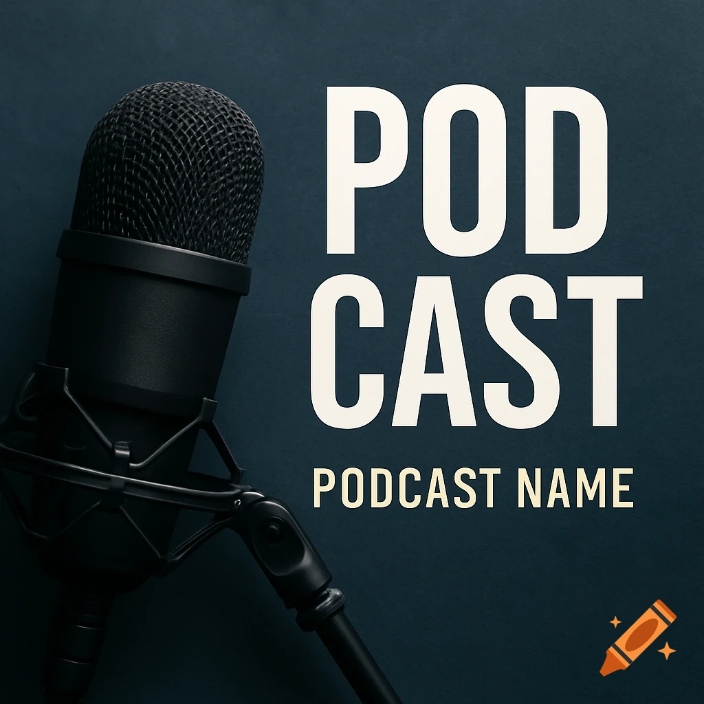 Podcast thumbnail graphic with a microphone and text that reads "POD CAST PODCAST NAME".