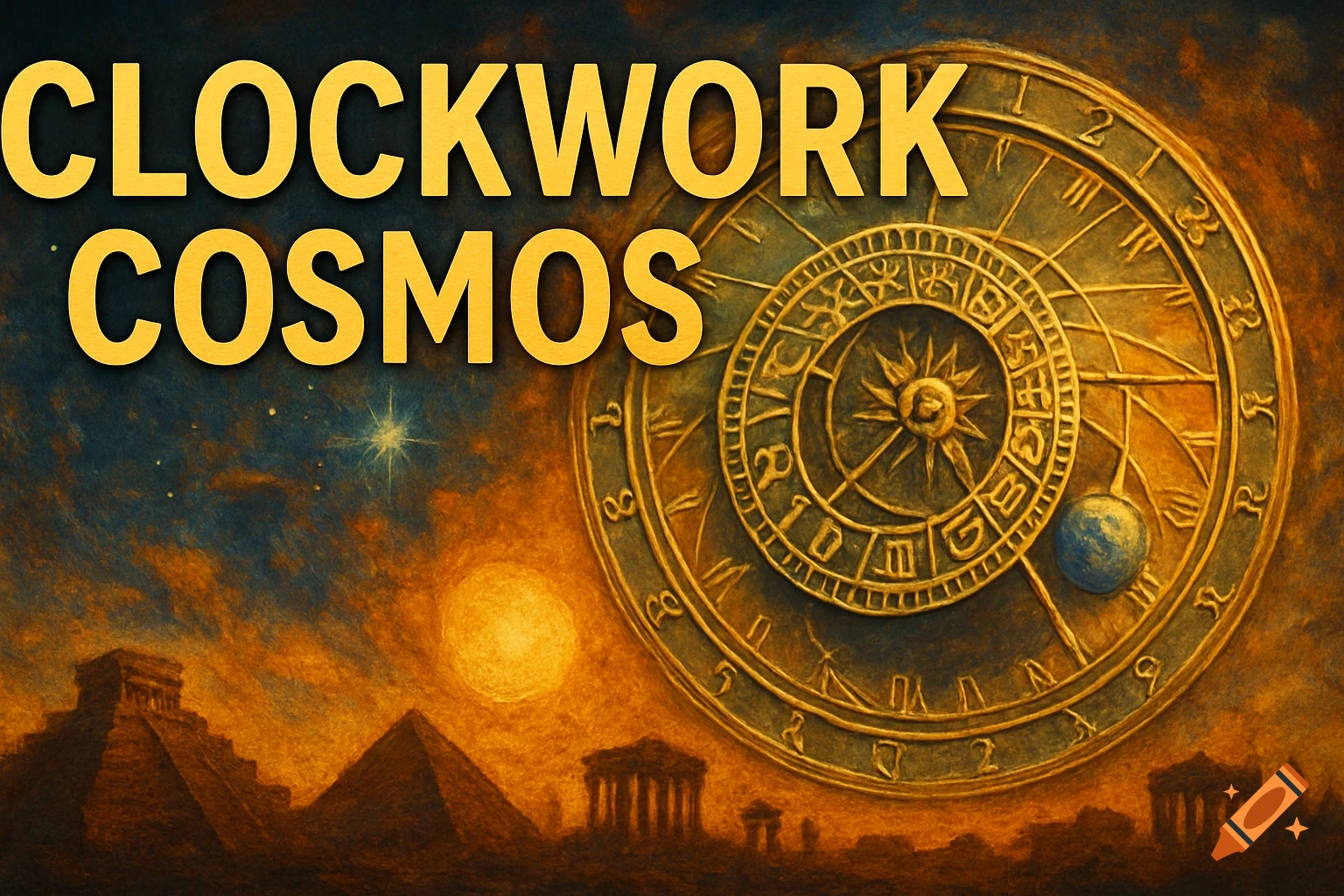 Painterly image with text 'CLOCKWORK COSMOS' over a golden celestial clock and ancient pyramids under a night sky.