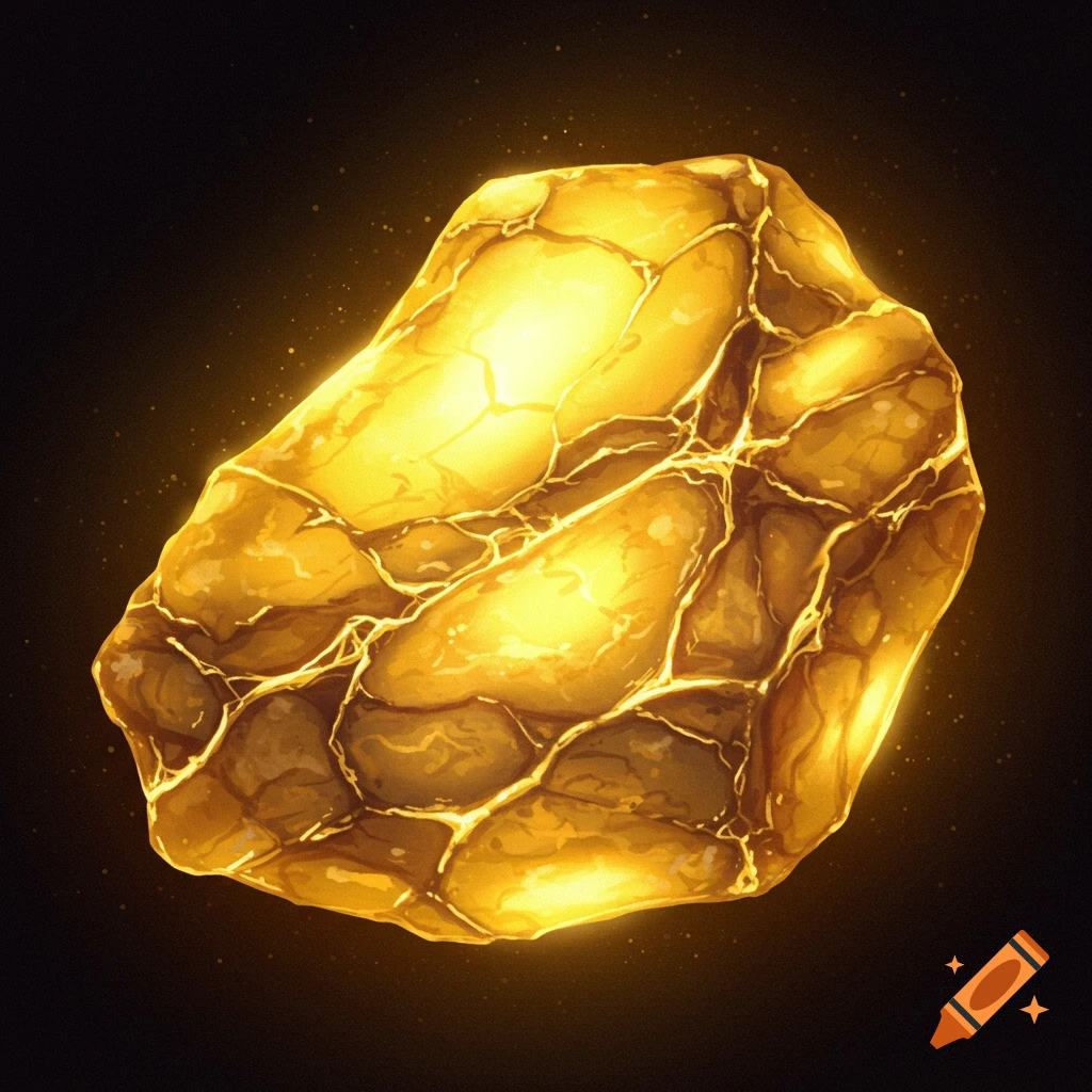 A glowing yellow rock against a dark background.