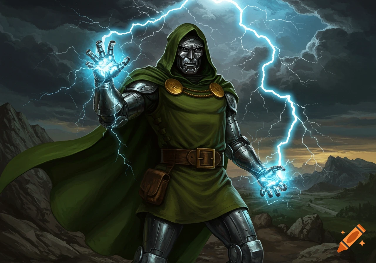 Painting of Doctor Doom conjuring lightning with a prideful pose in a stormy landscape