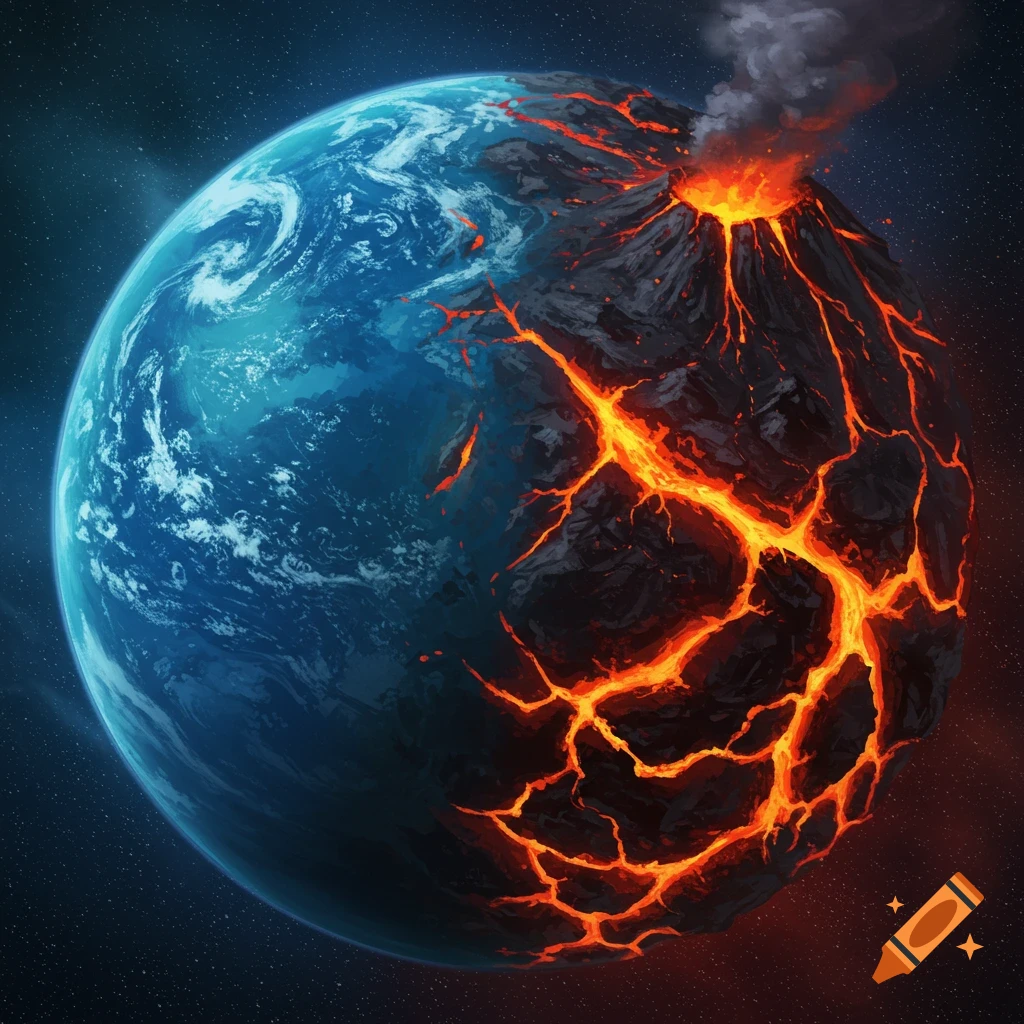 A planet split in half, one side blue with water and clouds, the other a dark volcano covered in glowing lava cracks, set in deep space.