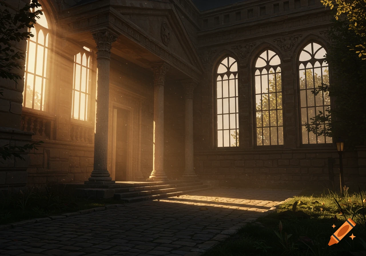 Exterior view of a grand old building with sunlight rays streaming through tall windows.
