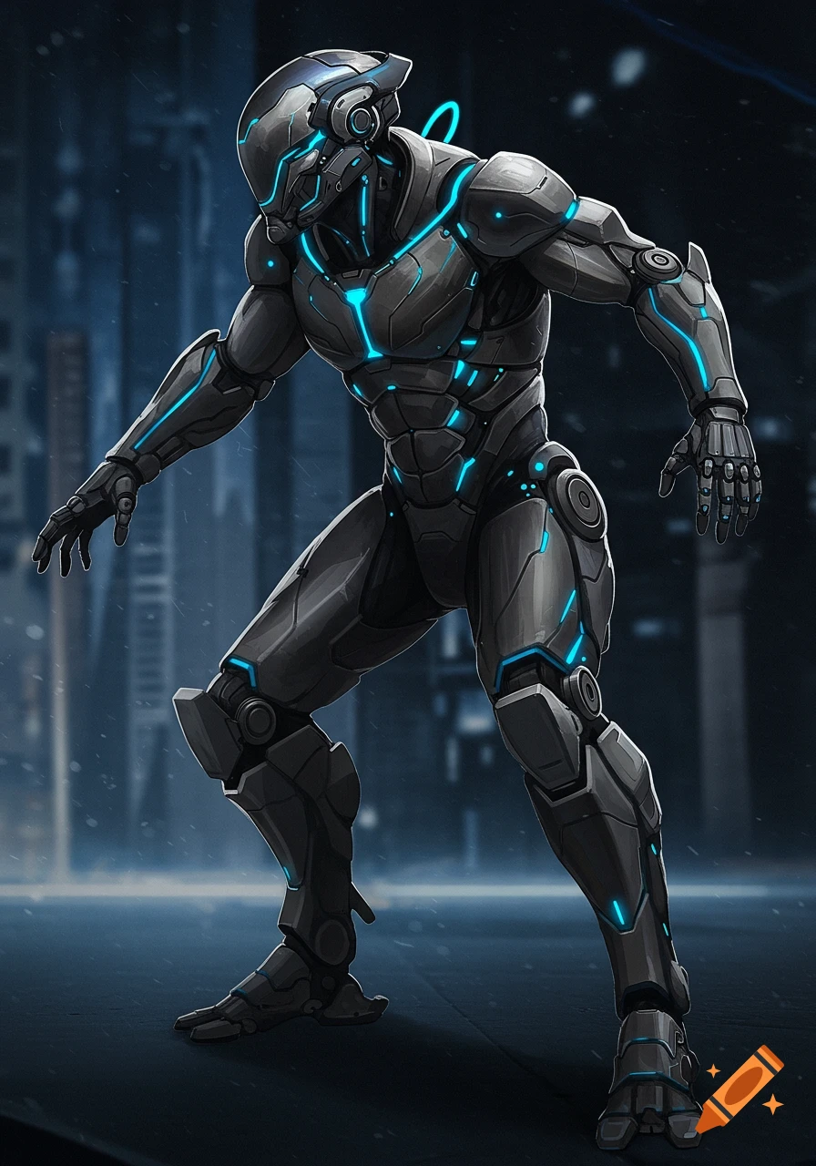 Full shot of a futuristic robot exo suit with glowing blue lights standing in a city.