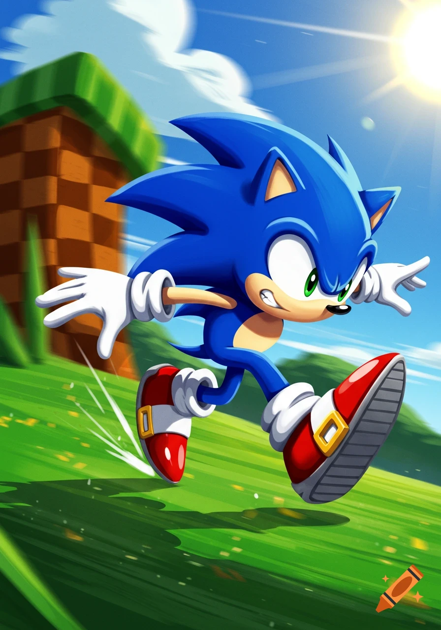 Sonic the Hedgehog running fast through a grassy Green Hill Zone landscape.