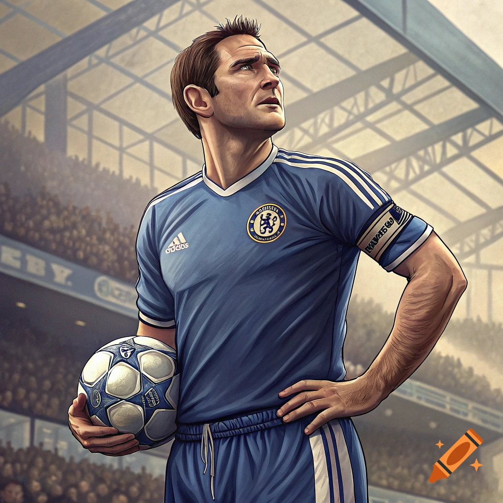 Illustrated portrait of a football player in a blue kit holding a ball in a stadium.