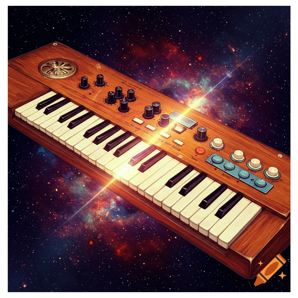 A keytar floats against a background of stars and a colorful nebula in space.