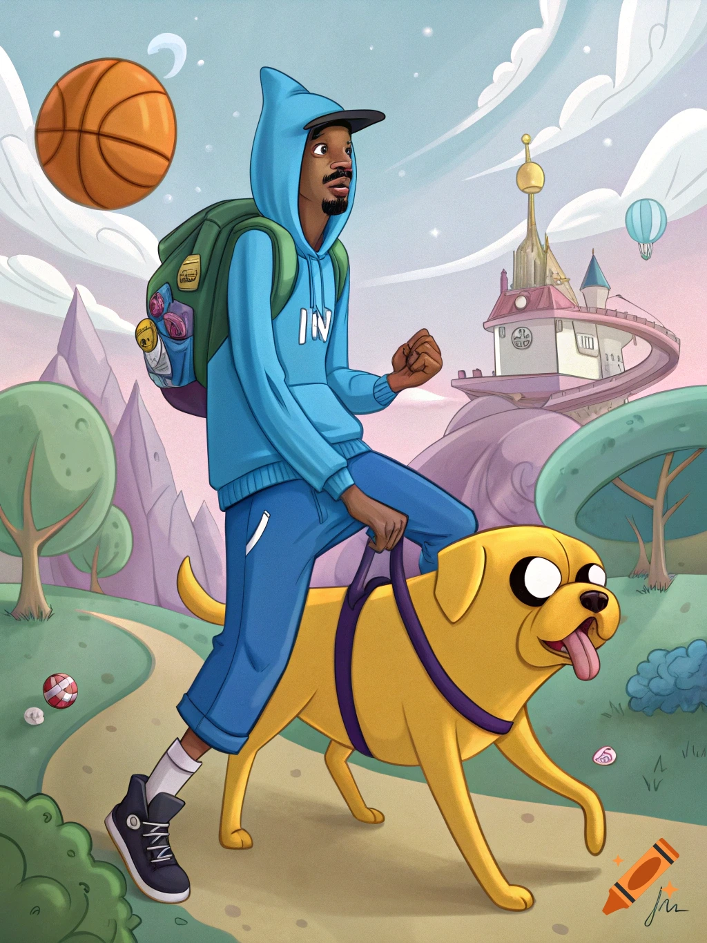 Cartoon of a man in a blue hooded costume walking a yellow dog in a fantasy landscape with a floating basketball.
