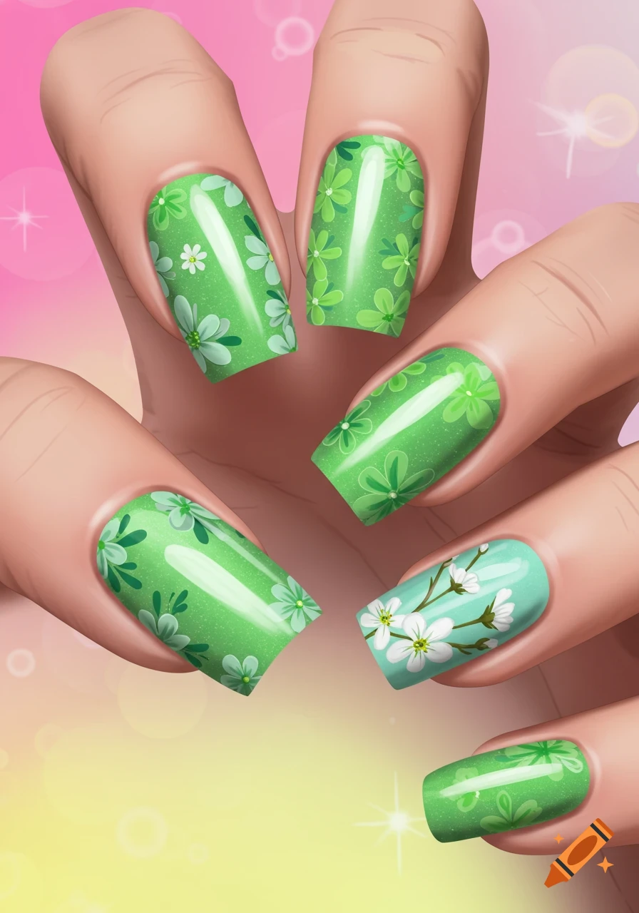 A hand with green fingernails decorated with white and green flowers, against a pink and yellow background.