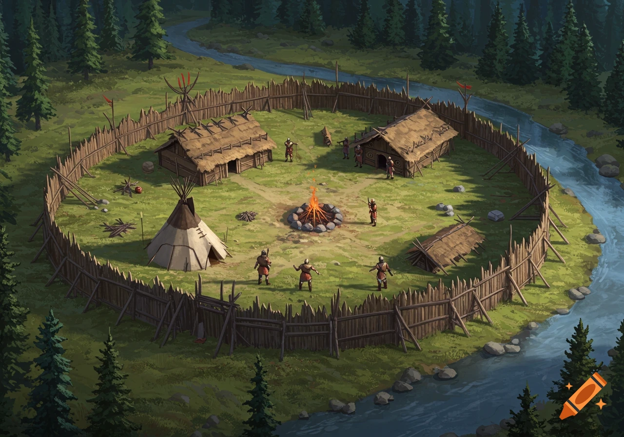Aerial view of a fortified historical or fantasy village with huts, tipi, central fire pit, surrounded by a wooden fence, forest, and river.
