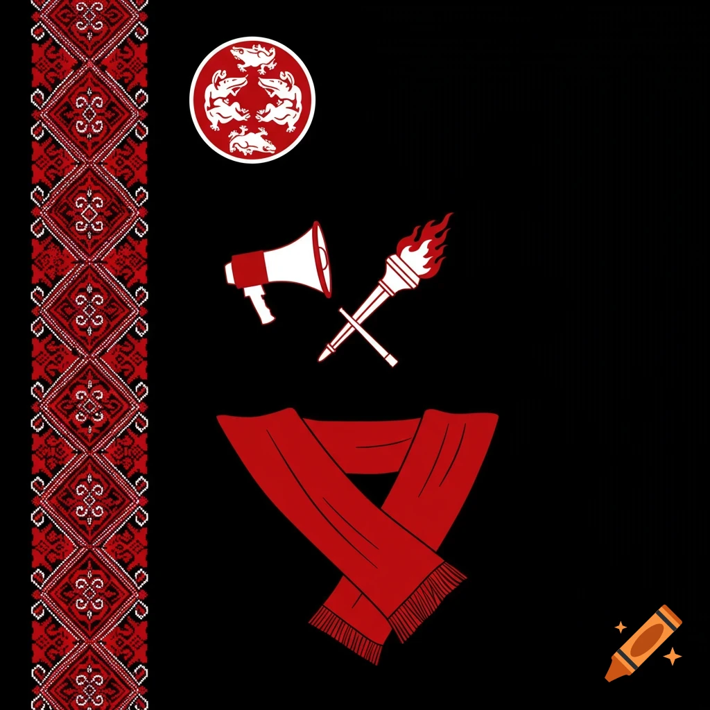 A minimalist black flag with a red and white patterned stripe, a circular emblem with frogs, crossed megaphone and torch, and a red scarf.
