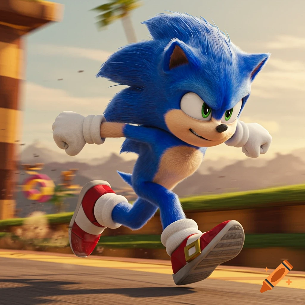 Movie Sonic runs forward in a 3D render