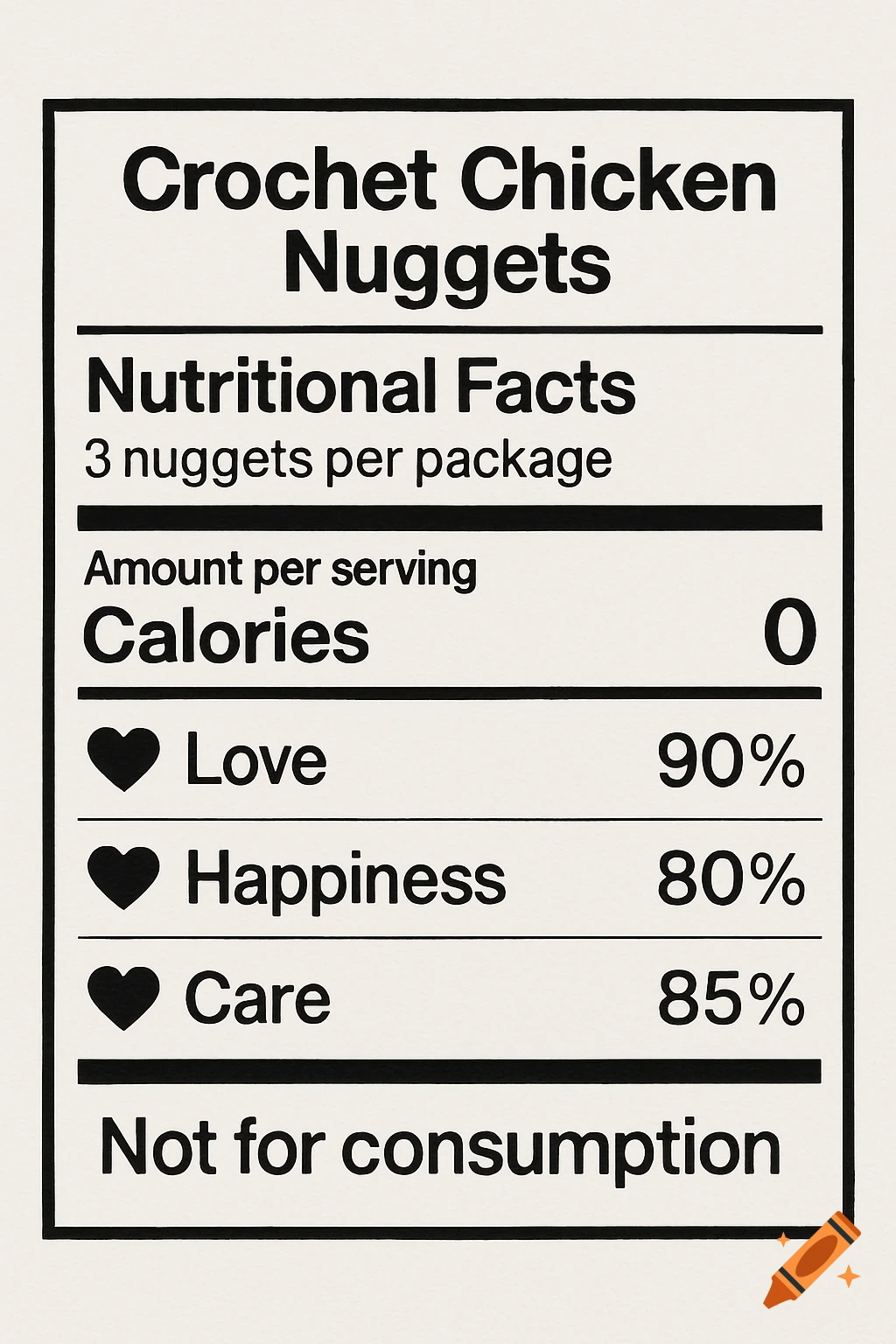 A humorous nutritional facts label for Crochet Chicken Nuggets listing Love, Happiness, and Care percentages.