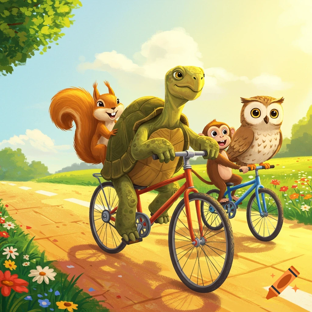 Cartoon illustration of animals riding bikes on a sunny path: a tortoise with a squirrel, a monkey with an owl.