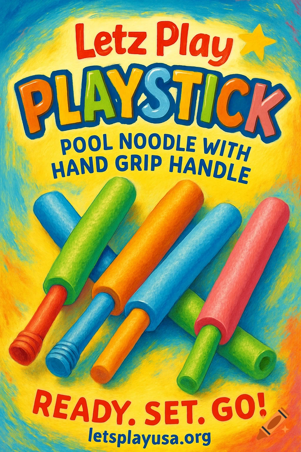 Colorful illustration of pool noodles with text for a toy label.