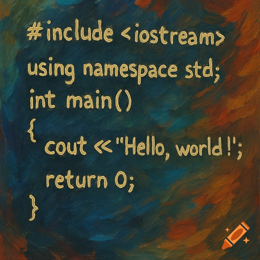 C++ 'Hello, world!' code painted in golden brushstrokes on a dark, textured background.