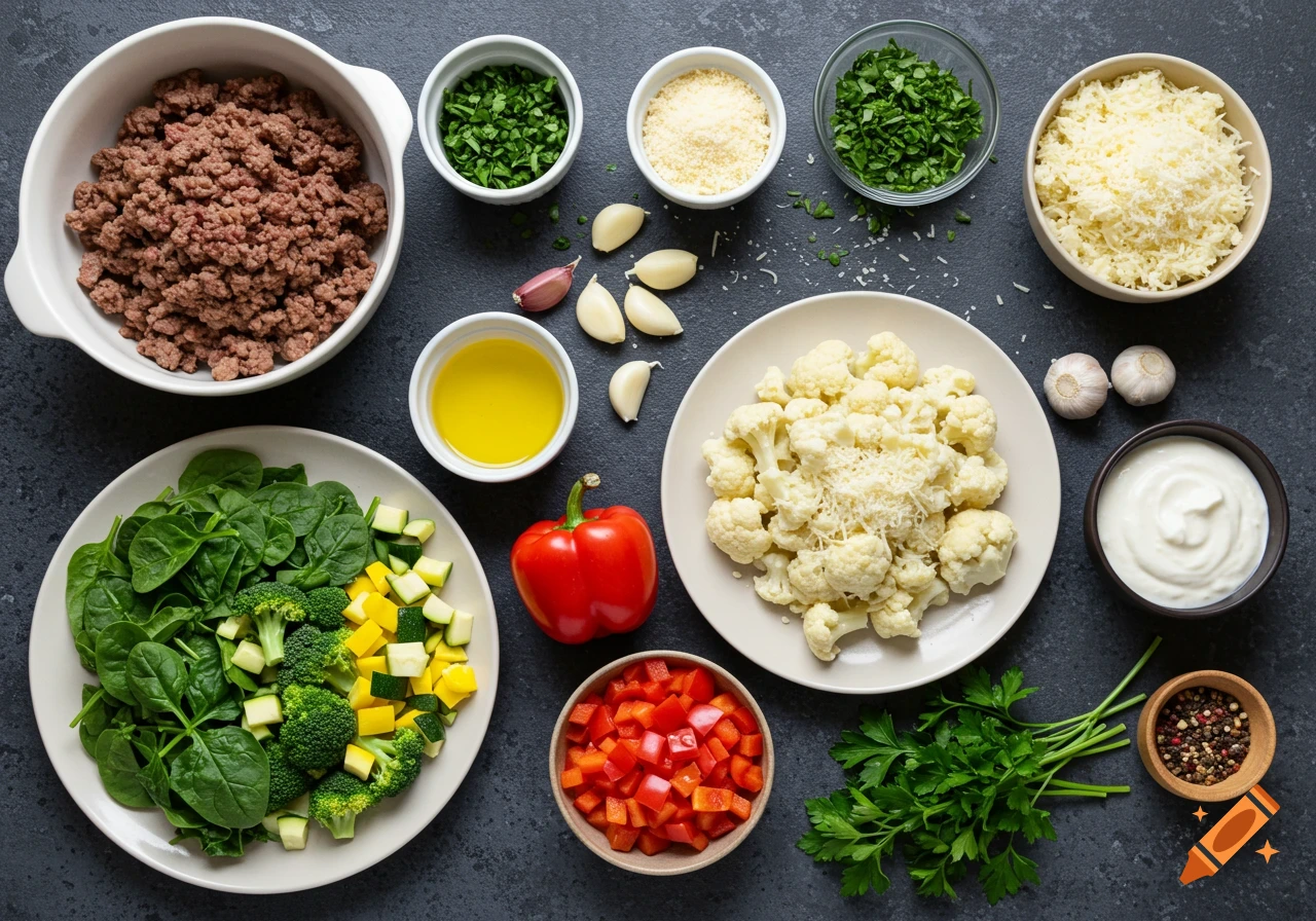 Overhead shot of various cooking ingredients including ground beef, spinach, broccoli, zucchini, bell pepper, cauliflower, cheese, garlic, olive oil, and spices arranged on a dark surface.