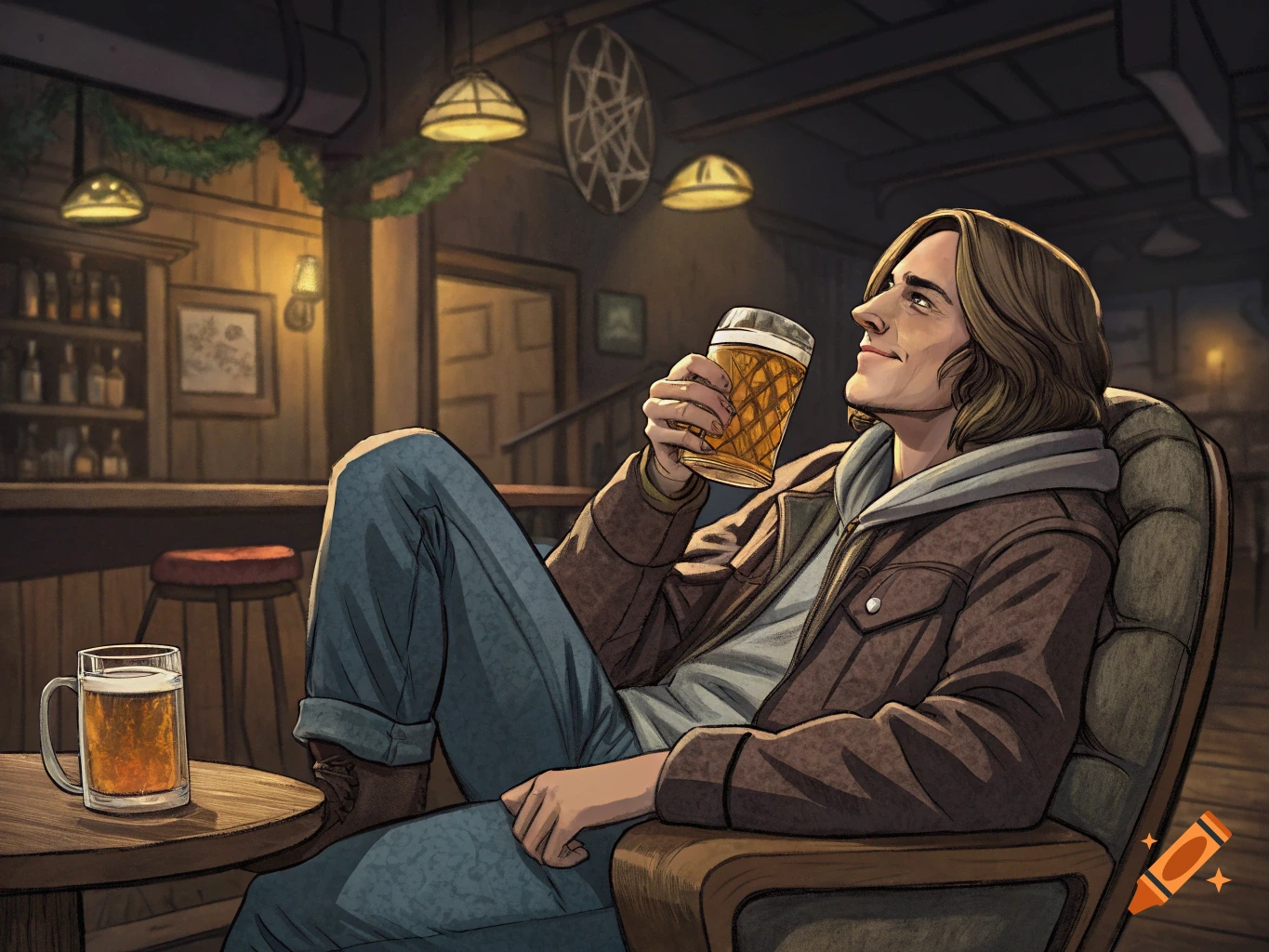 Illustrated man sits in a chair drinking a beer in a dimly lit bar.
