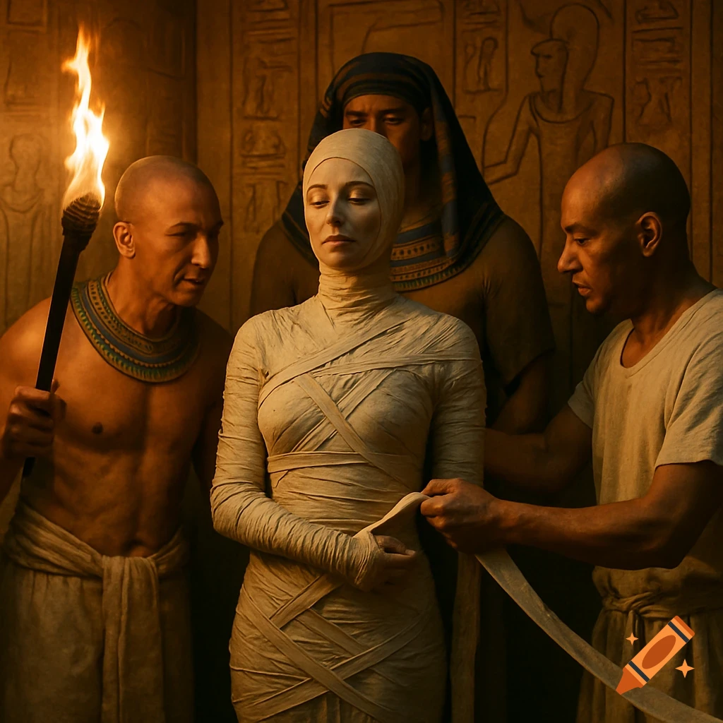 Woman being wrapped in mummy bandages by priests in a torch-lit Egyptian tomb with hieroglyphics on the wall.