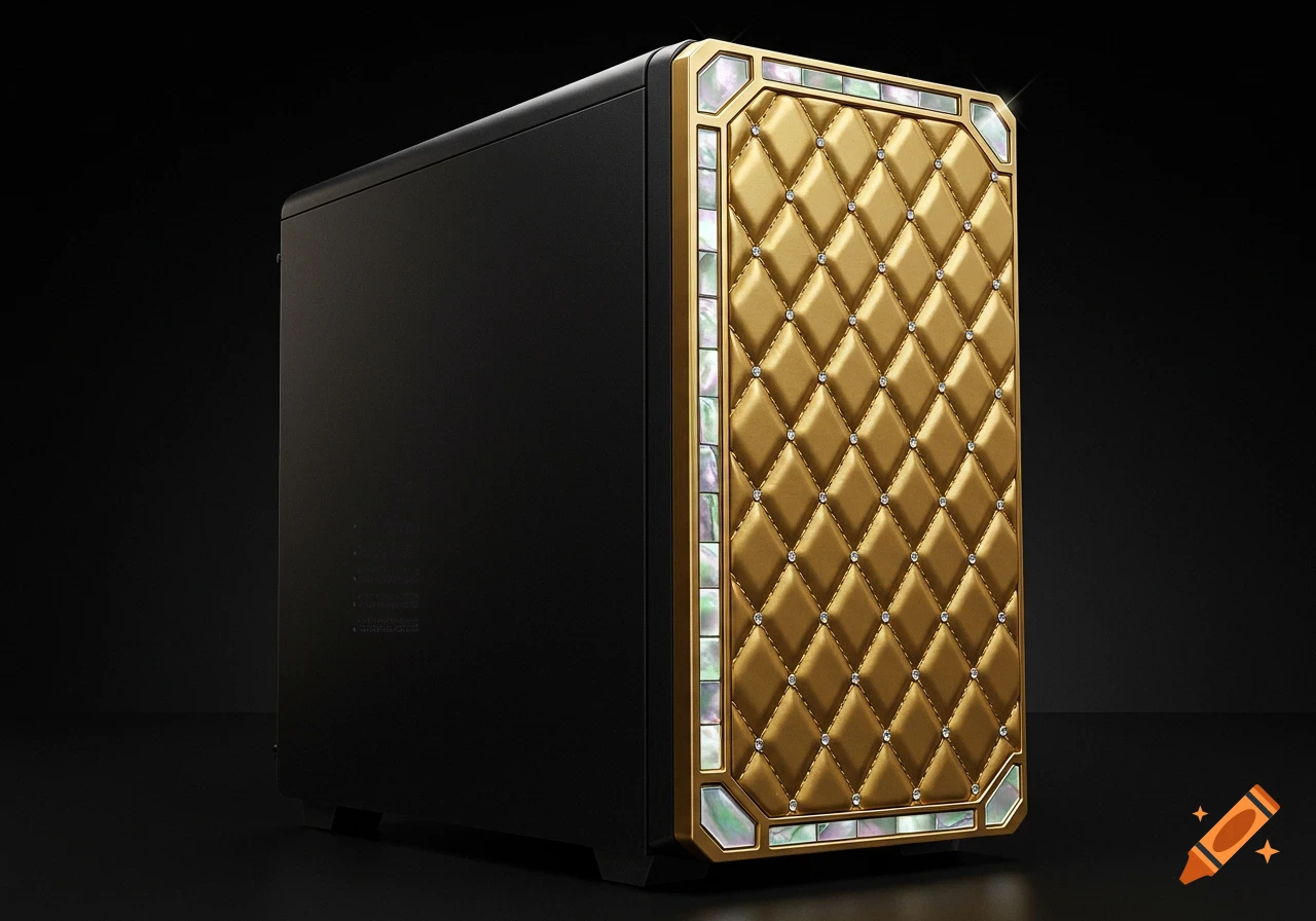 Luxury computer case with gold diamond-stitch front panel and mother-of-pearl trim