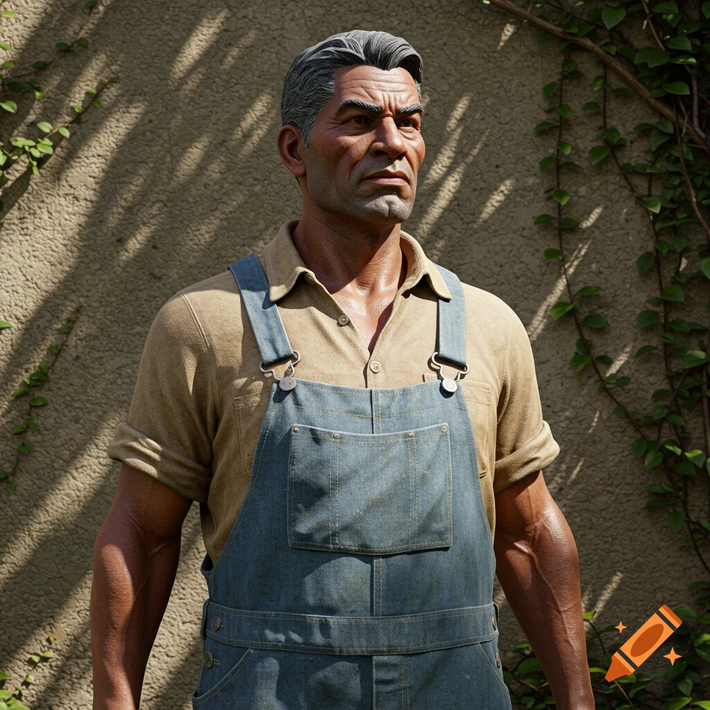 Realistic portrait of a man in overalls standing outdoors.