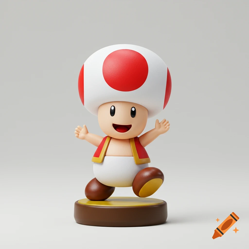 A 3D render of a Toad amiibo figure on a brown and yellow base.