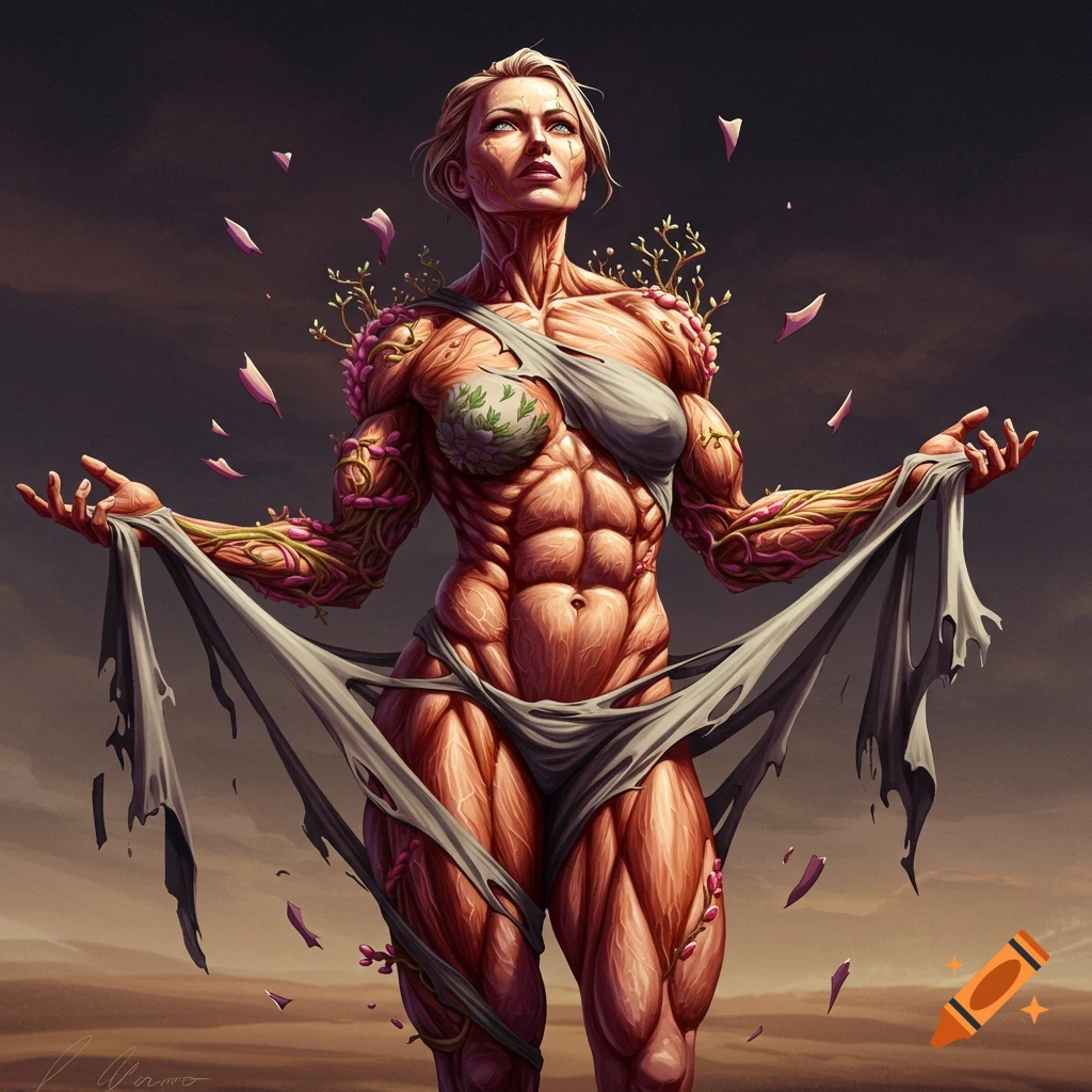 Stylized muscular woman with torn clothing and organic growth on her body against a dramatic sky.