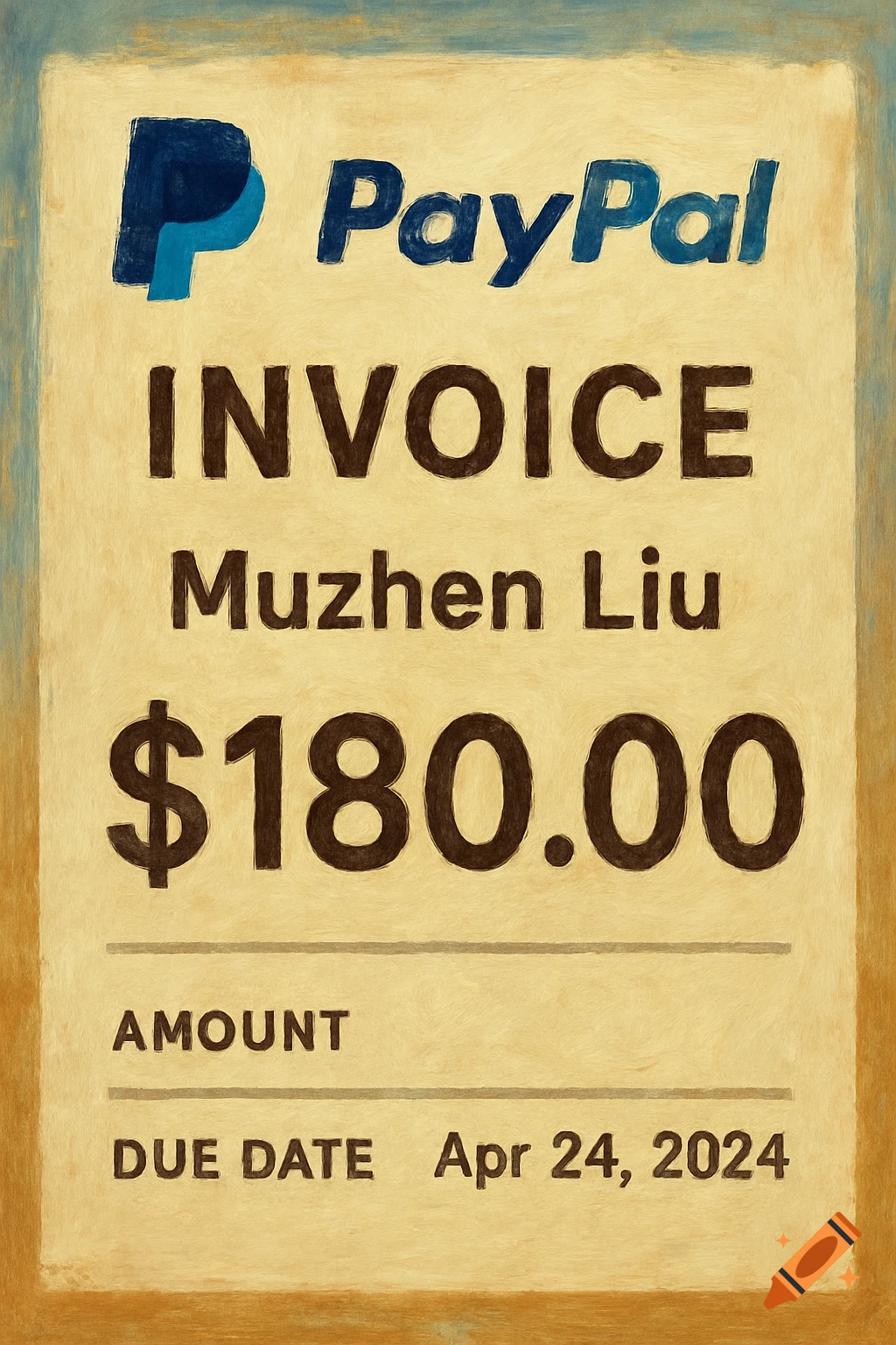 PayPal invoice for $180.00 addressed to Muzhen Liu, in a painterly style.