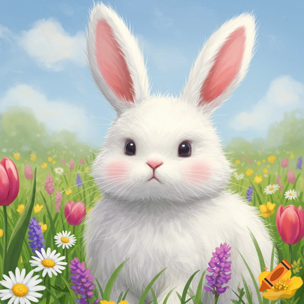 A fluffy white bunny sits in a field of colorful spring flowers under a blue sky, digital painting.