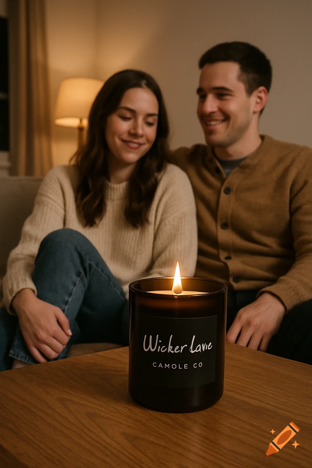 A couple sits on a couch behind a burning candle on a table in a dimly lit living room.
