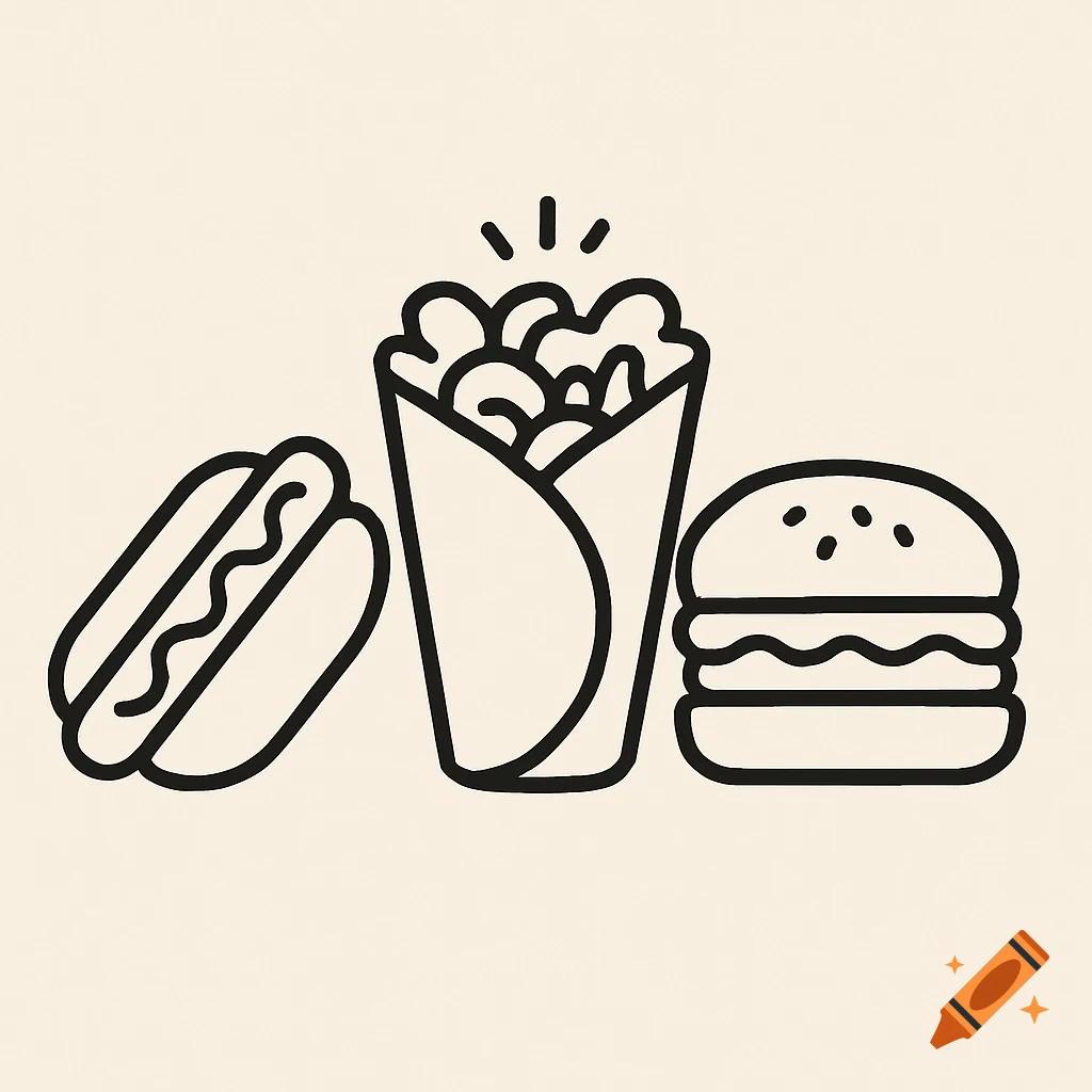 Minimalist line art illustration of a hot dog, shawarma, and burger.