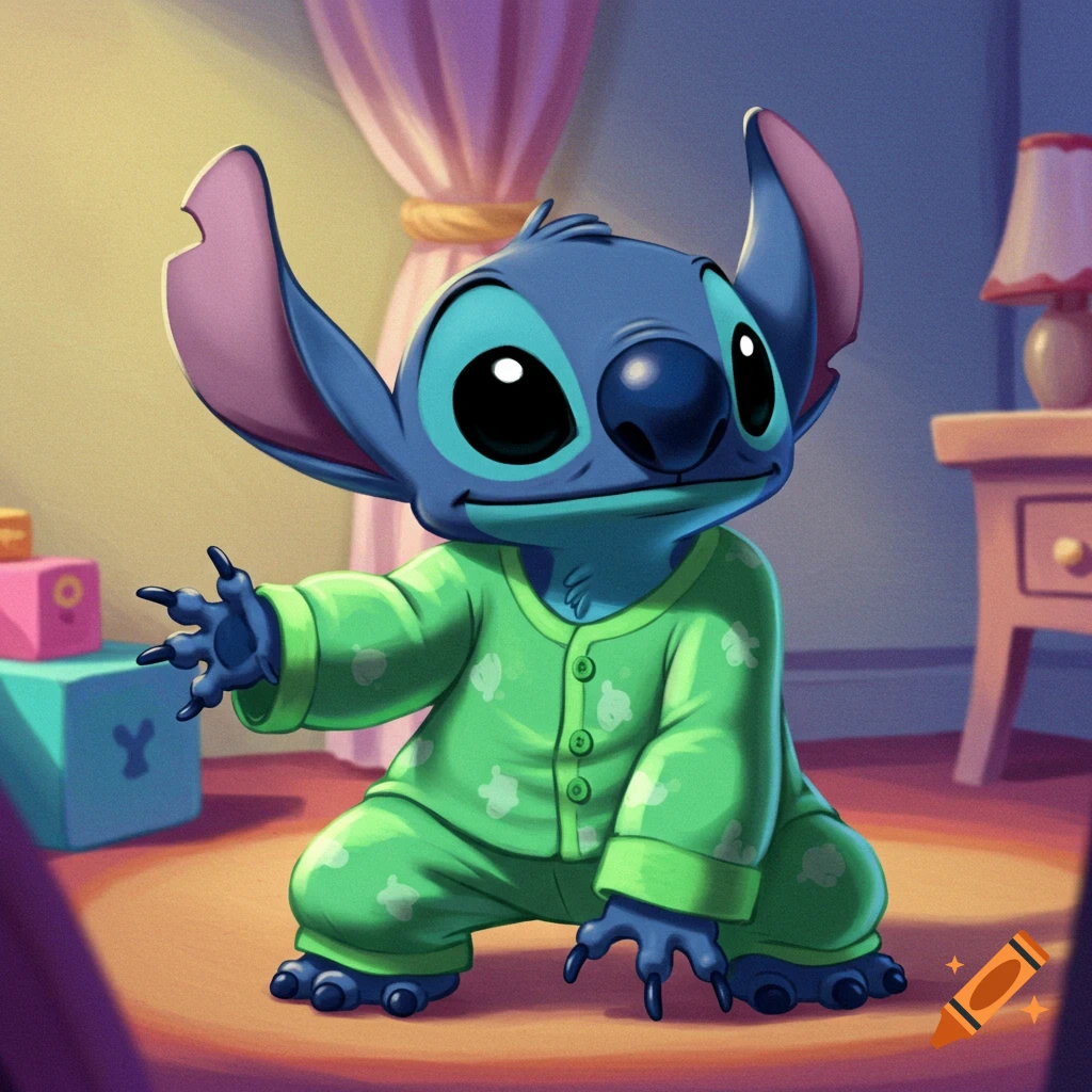 Cartoon illustration of Stitch wearing green pajamas and kneeling in a bedroom with toy blocks and a lamp.