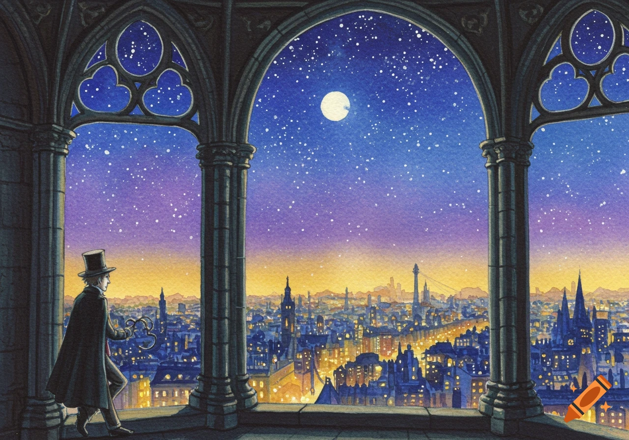 A watercolor painting of a man in a top hat and cape looking out from a gothic window over a nighttime city skyline under a starry sky and moon.