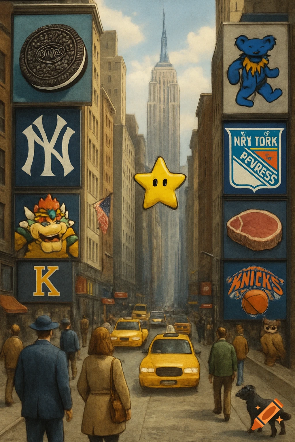 A busy New York City street scene with the Empire State Building in the background and various pop culture icons displayed on buildings.