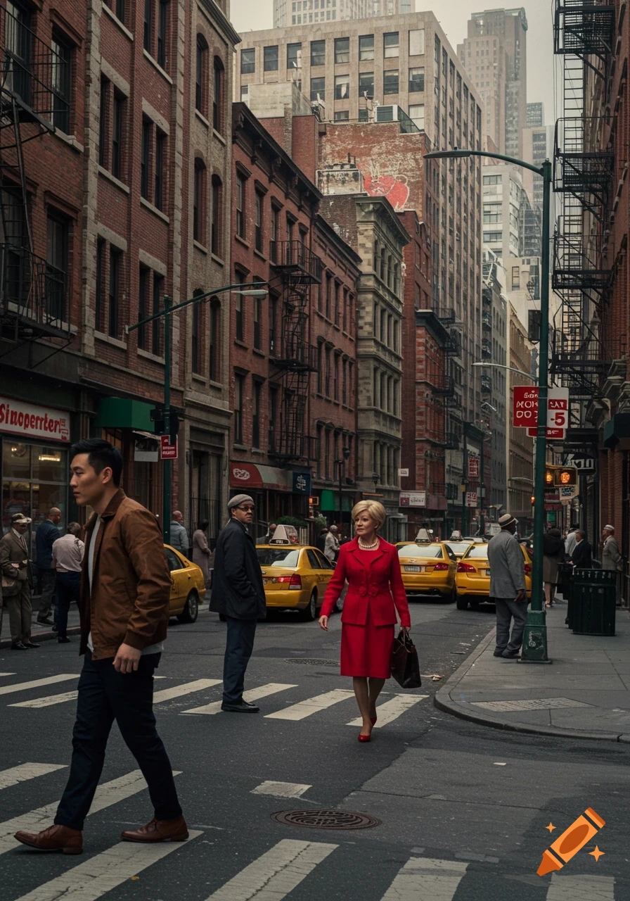 People walk across a street in a city with tall buildings and yellow taxis.