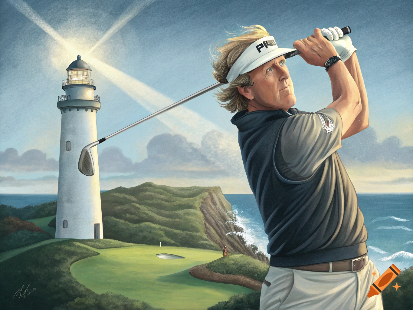Illustration of a golfer swinging a club in front of a lighthouse and ocean.