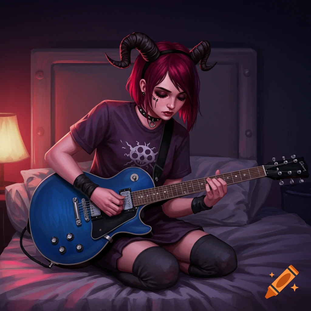 An emo young woman with horns plays a blue electric guitar on her bed.