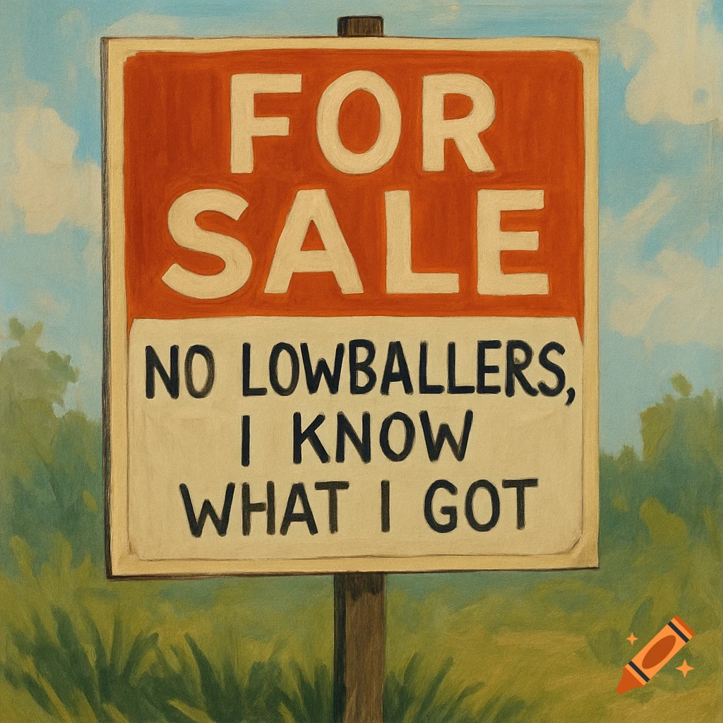 A painted 'FOR SALE' sign reads 'NO LOWBALLERS, I KNOW WHAT I GOT' in an outdoor setting.