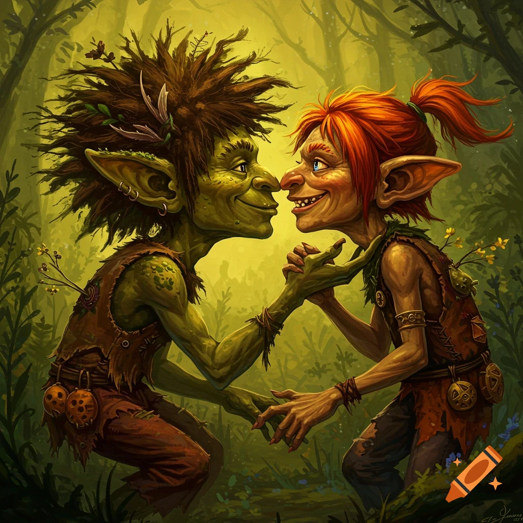 Two stylized goblins with messy hair and big ears touch noses in a forest clearing.