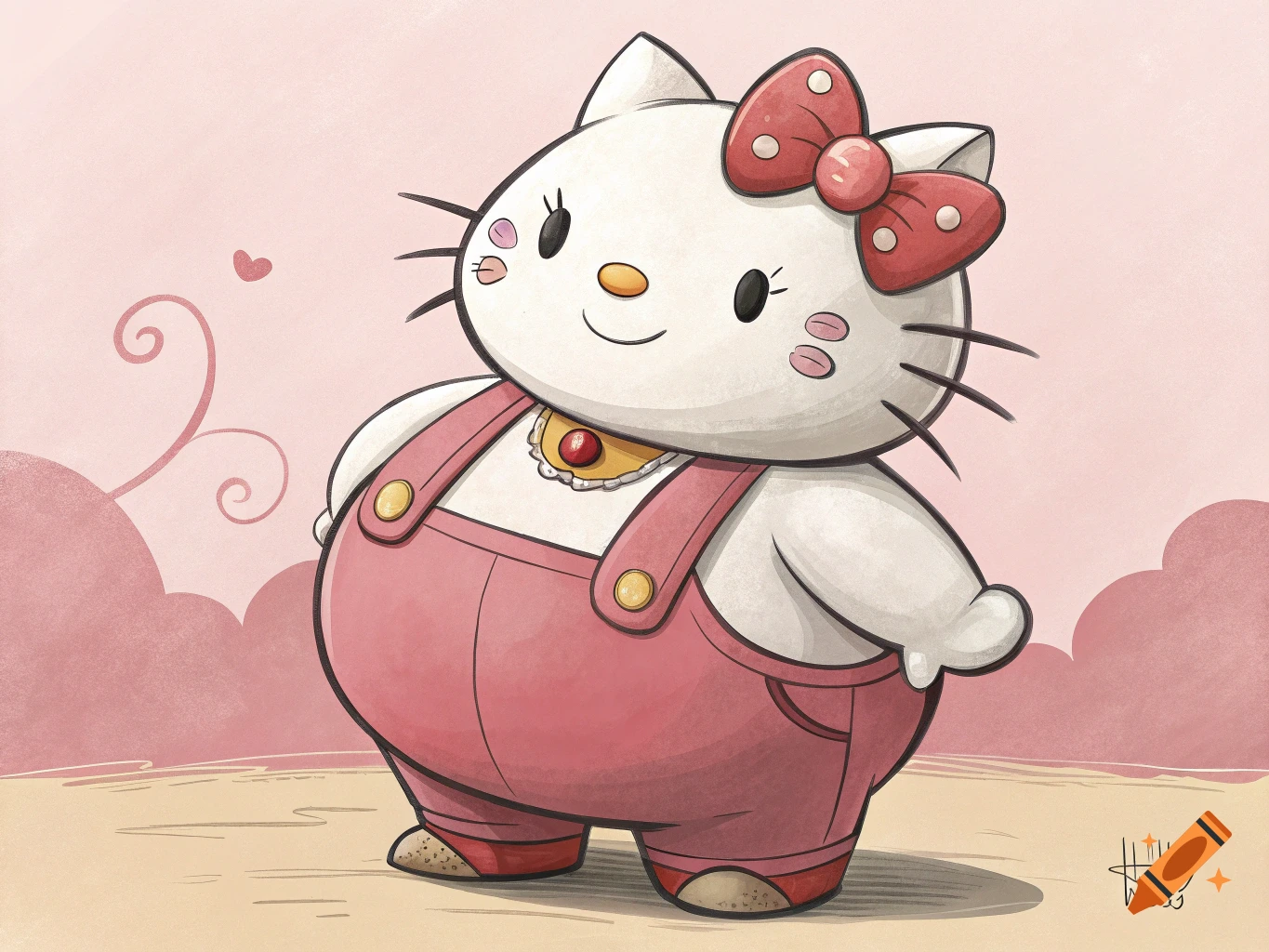 A big, obese Hello Kitty wearing pink overalls stands on a light pink background in a cartoon style illustration.