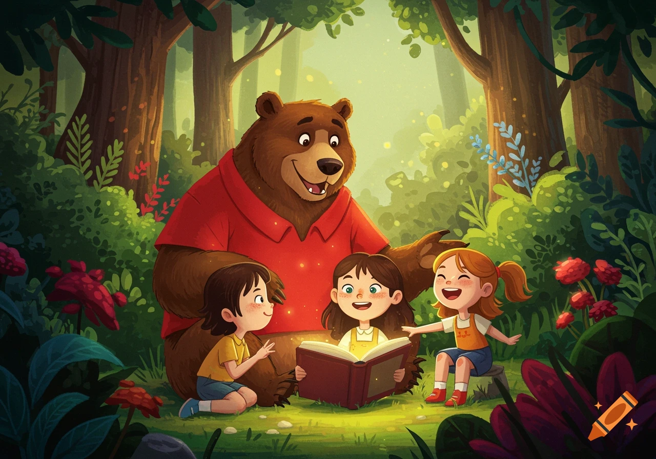Cartoon bear reading a glowing book to three smiling children in a forest clearing in a children's storybook style.