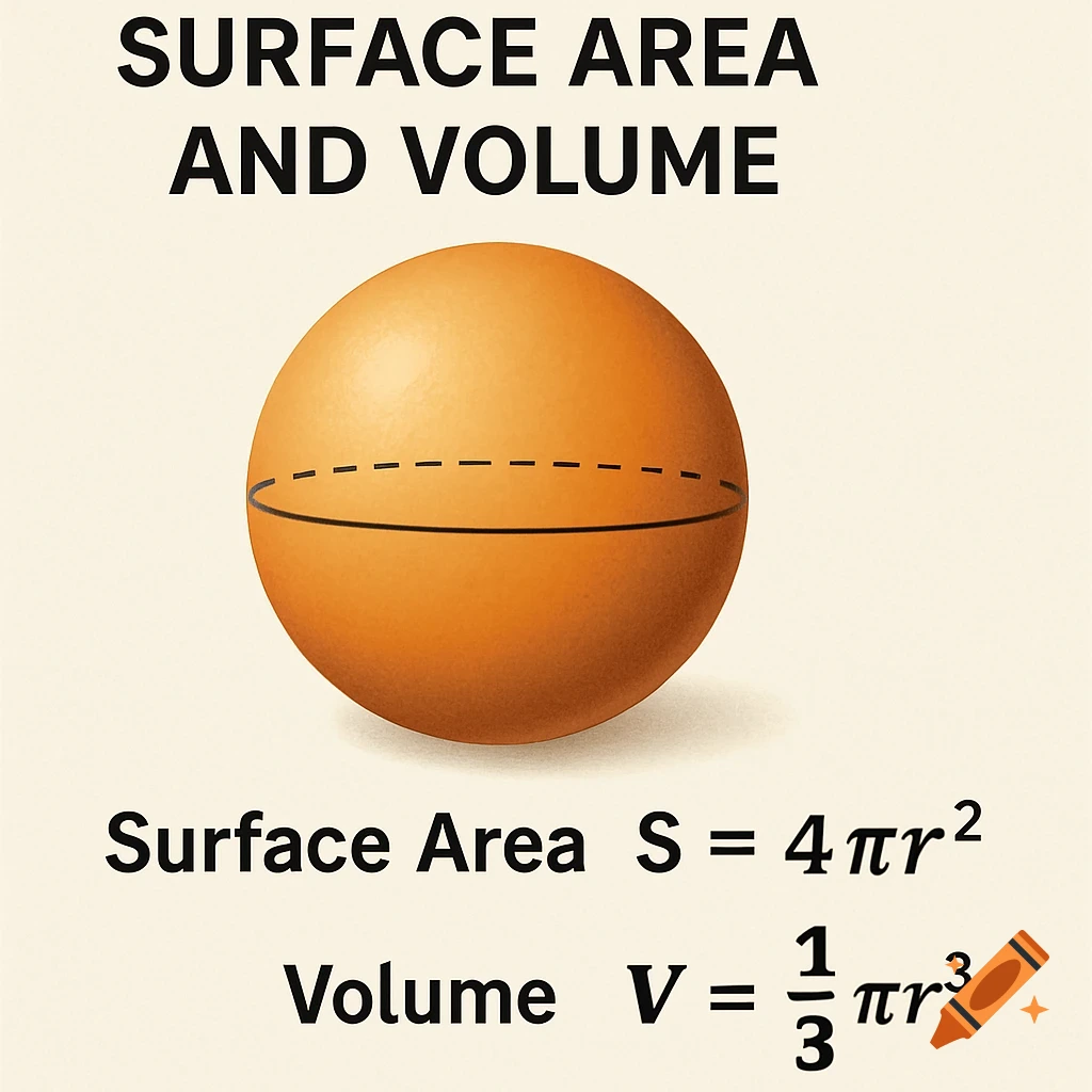 Diagram showing a sphere with formulas for surface area and volume