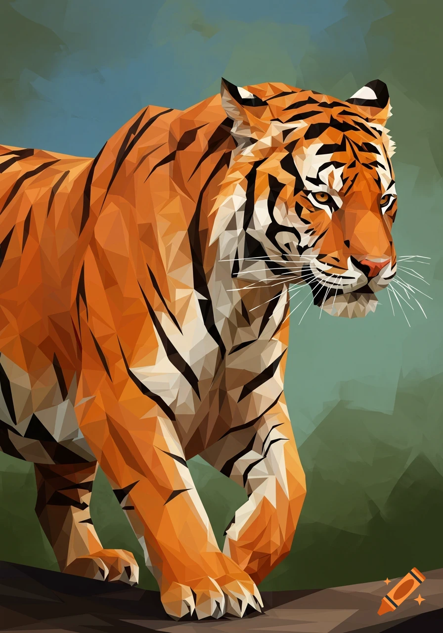A tiger depicted in a geometric low-poly art style walking forward.