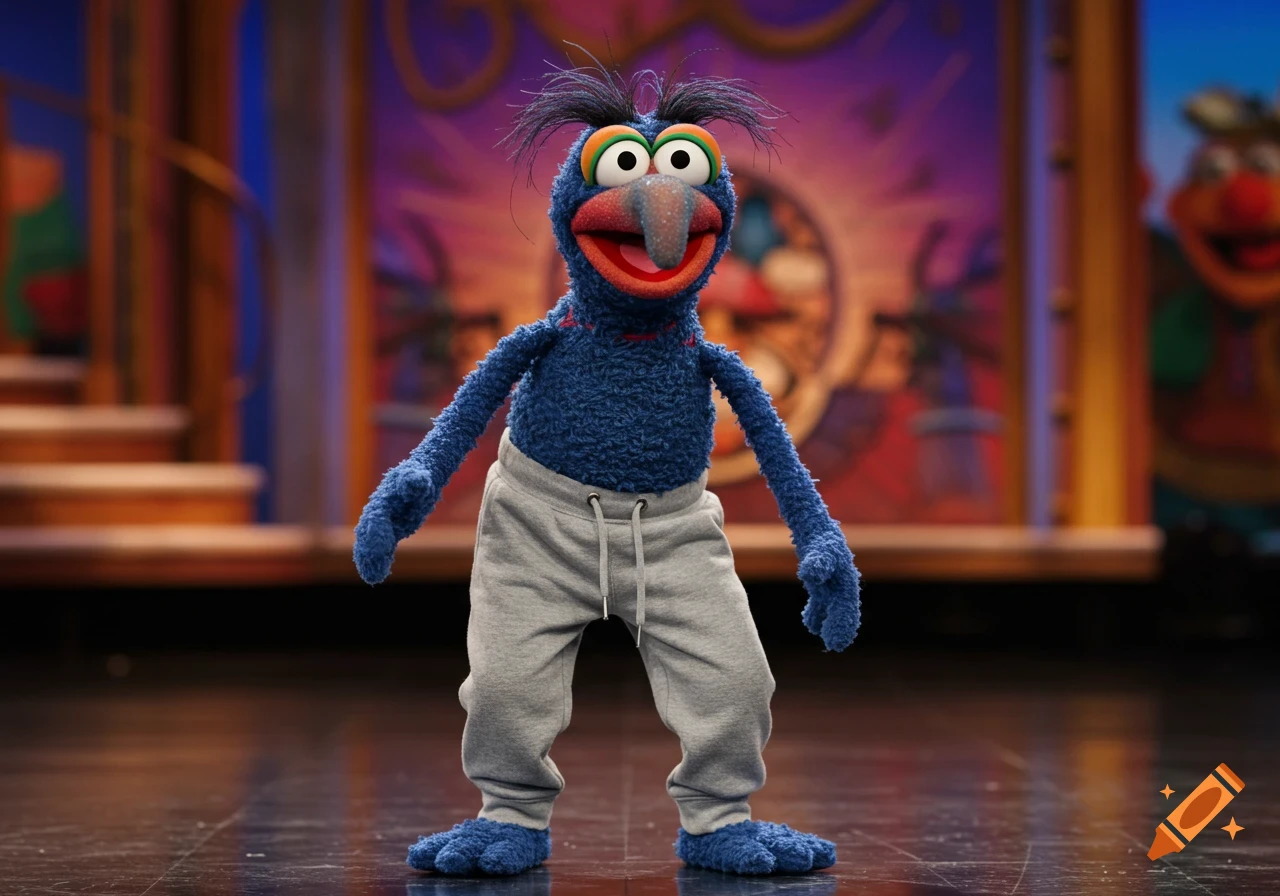 Gonzo the Muppet wears grey sweatpants while standing on a stage.