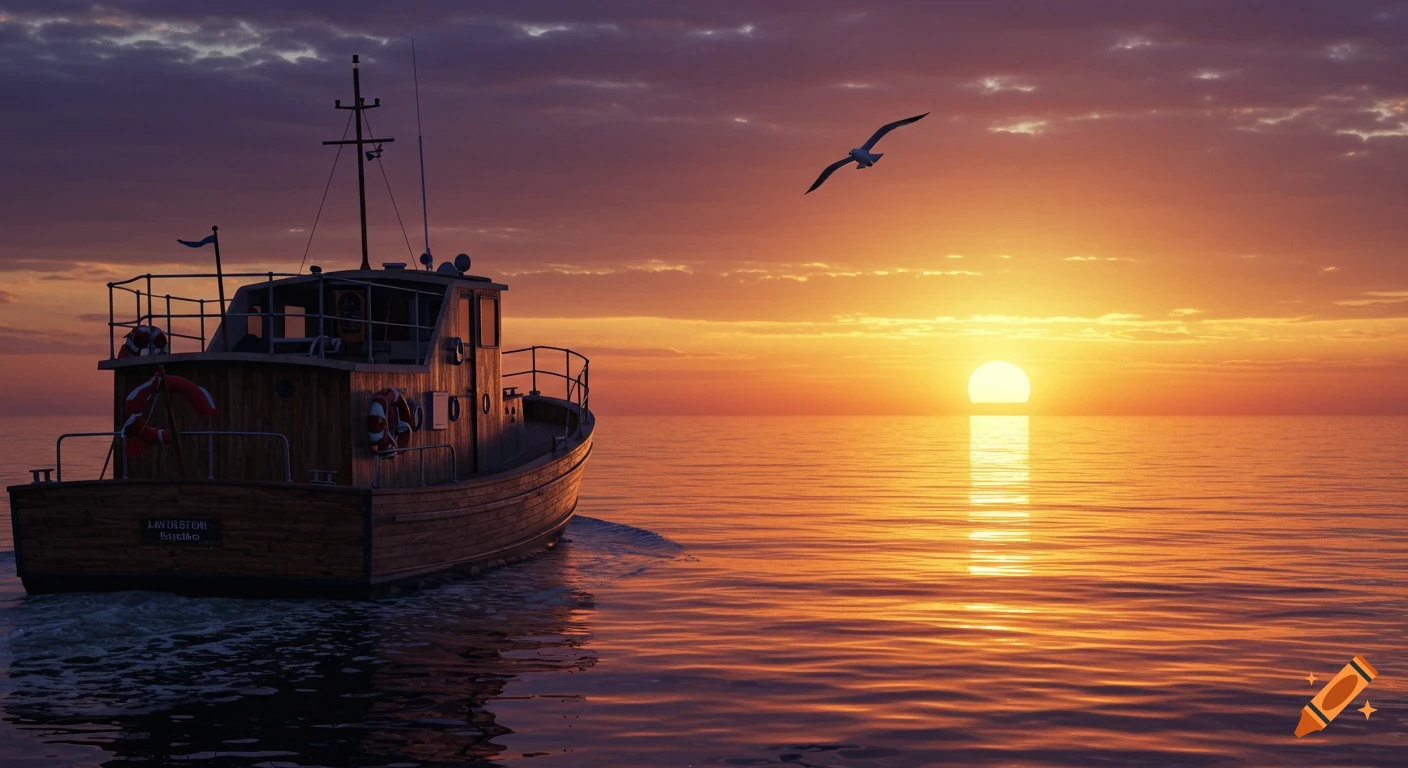 A pilothouse boat sails on calm seas during a colorful sunset with a seagull flying overhead.