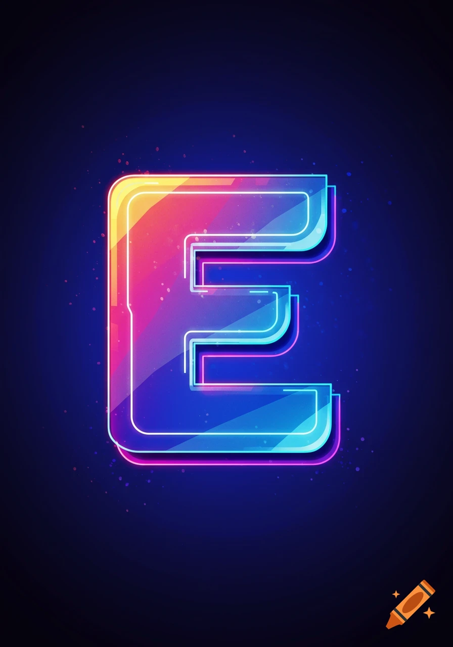 A bright, colorful, stylized letter E with a neon glow on a dark background.