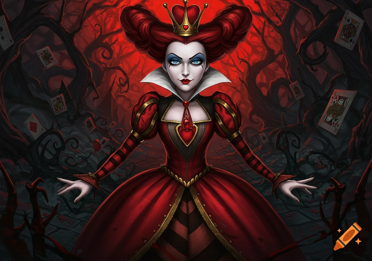 Stylized dark fantasy depiction of the Queen of Hearts from Alice in Wonderland with floating playing cards