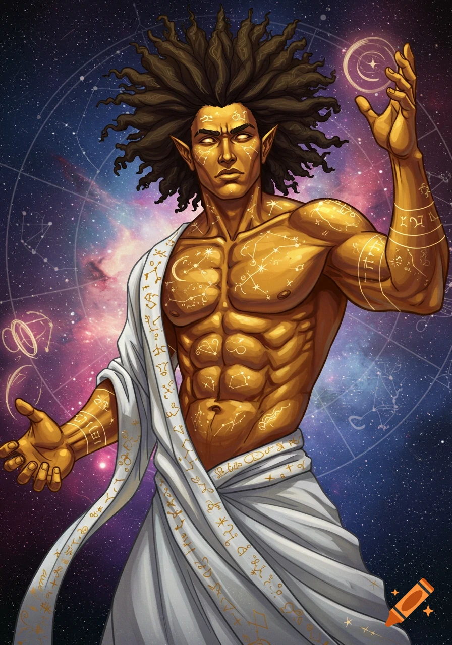 Fantasy illustration of a man with golden skin and astrological symbols against a galaxy backdrop.